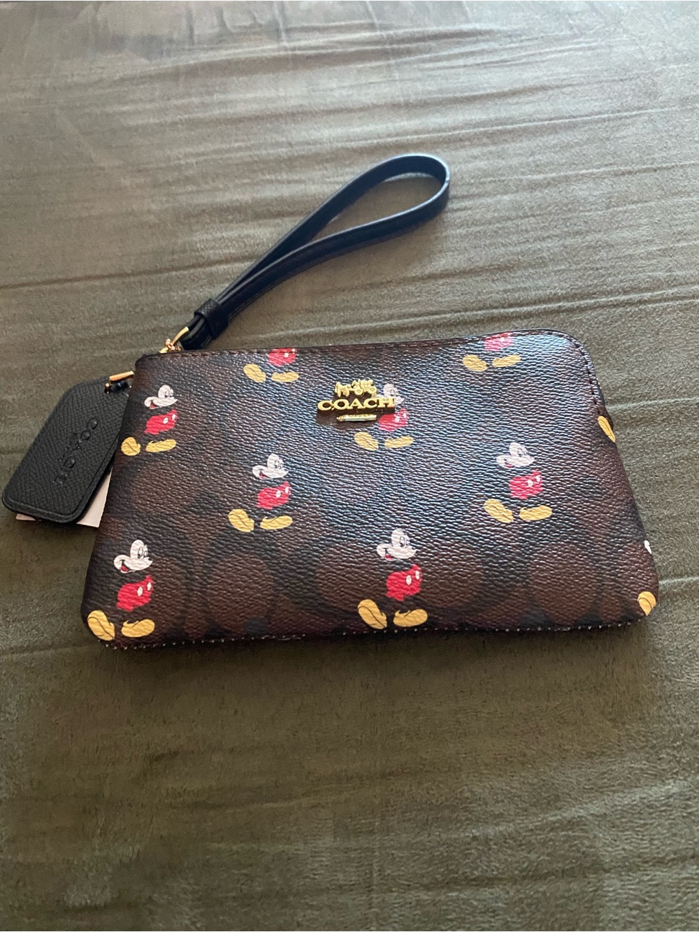 Coach Brown Signature Wristlet with Red & Yellow Mickey Print